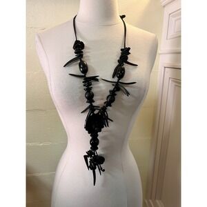 Adjustable Black Wooden Bead Statement Necklace 20" In Length